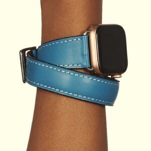 Blue Jean leather double wrap band w silver hardware for Apple Watch NWOT 38/40